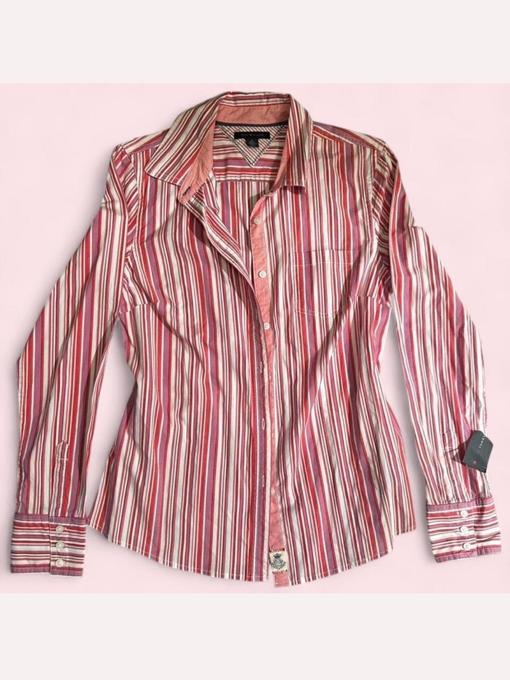 Tommy Hilfiger Red, Pink and White Striped Button Up Medium Partial Tag Attached